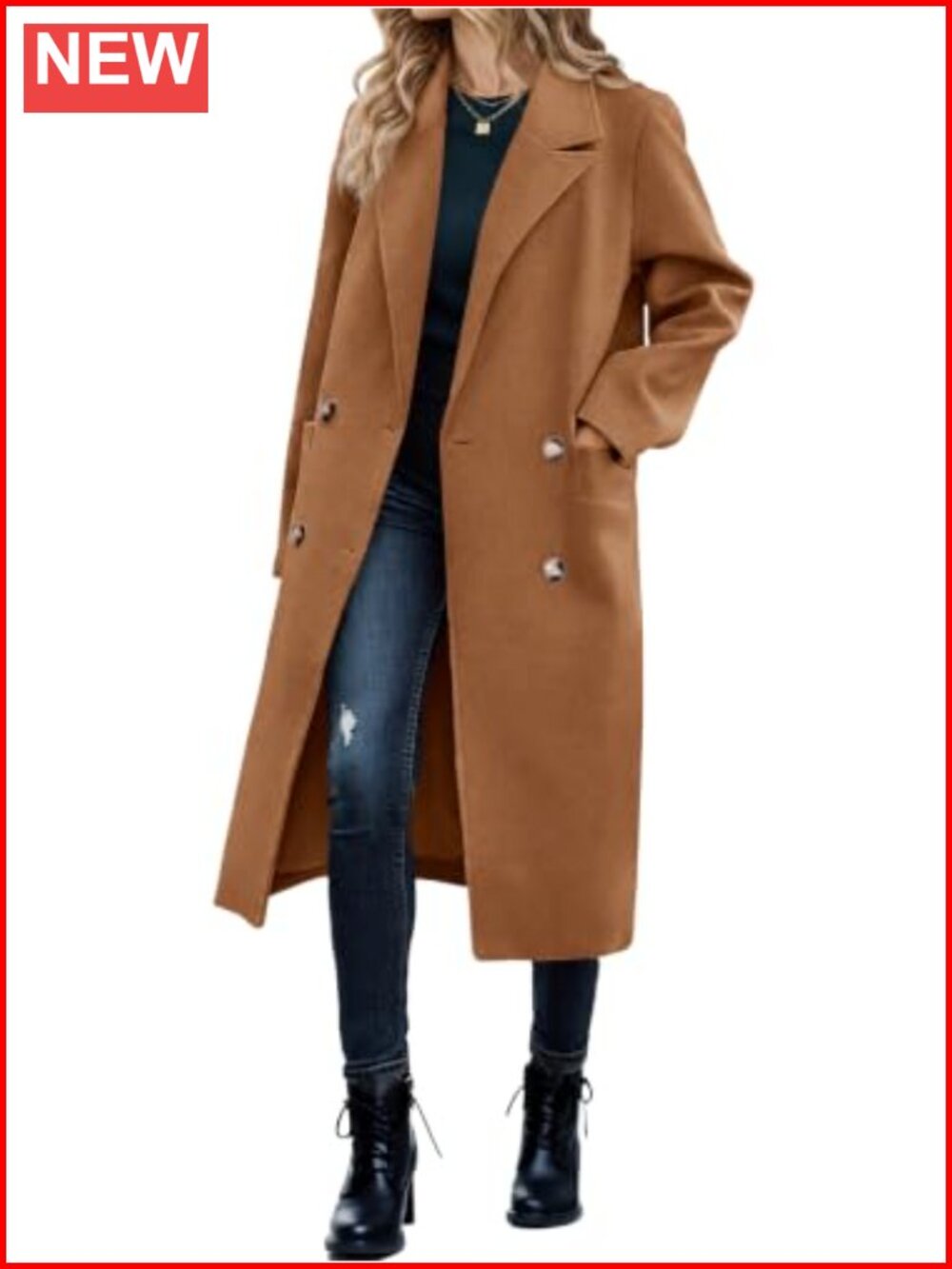 Women's Double Breasted Pea Coat Long Trench Overcoat with Pockets